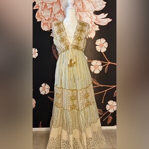 STUNNING Embroidered Maxi Dress in Metallic Gold & Cream w/ Mirror Accents